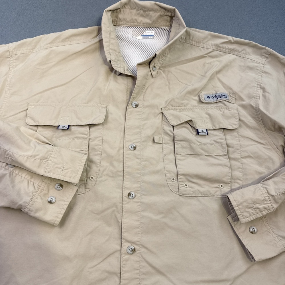Columbia PFG Shirt Mens Large CREAM Outdoors Hiking Vented Fishing Button Up